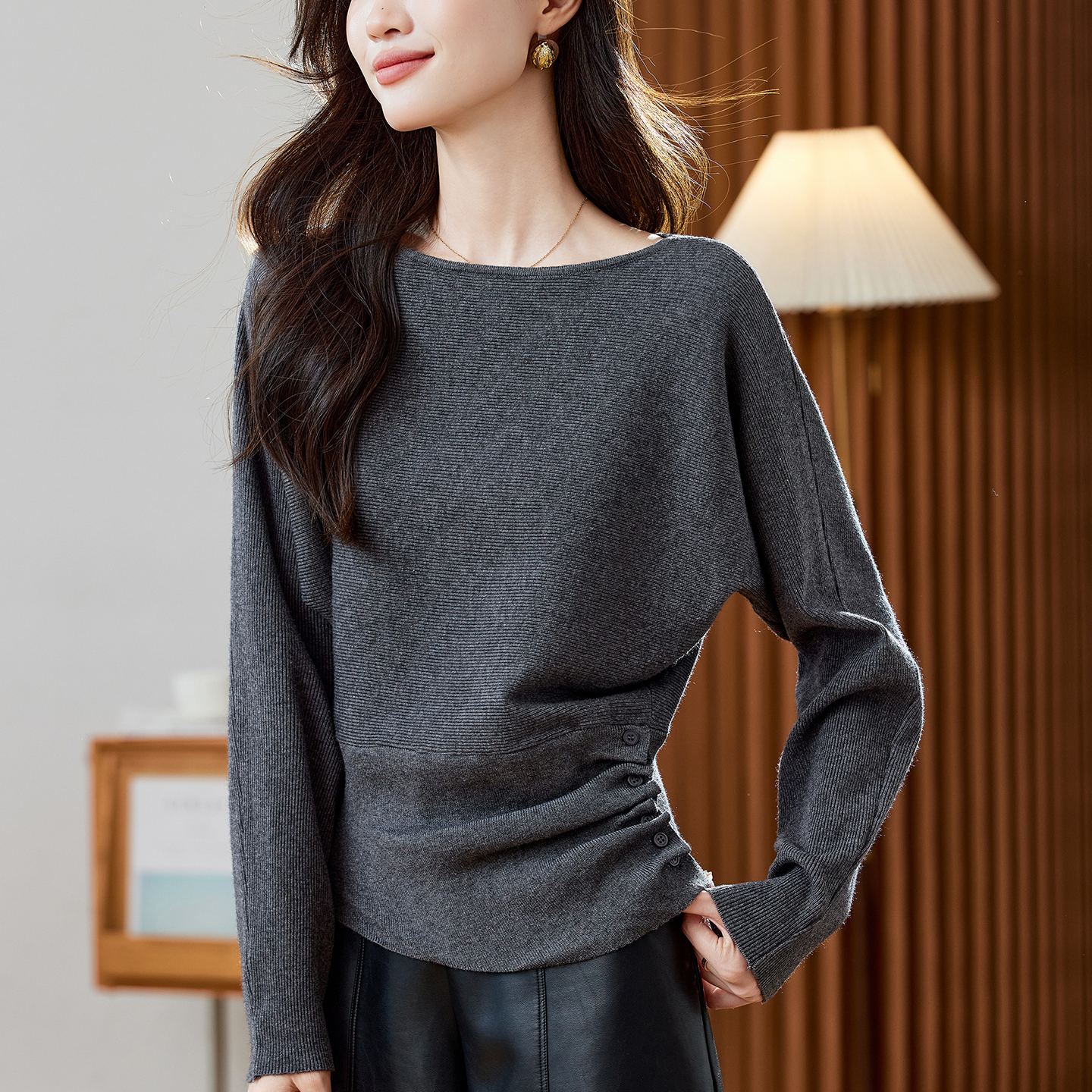 一字肩针织衫秋冬高级感毛衣女时尚宽松蝙蝠衫特别漂亮的掐腰上衣