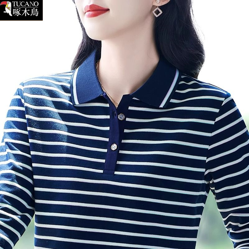 啄木鸟正品条纹长袖纽扣POLO衫春秋季新款大码显瘦翻领上衣T恤女