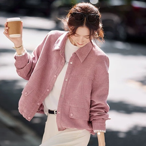 拼接蕾丝袖外套女2025新款宽松百搭休闲单排扣翻领夹克短上衣