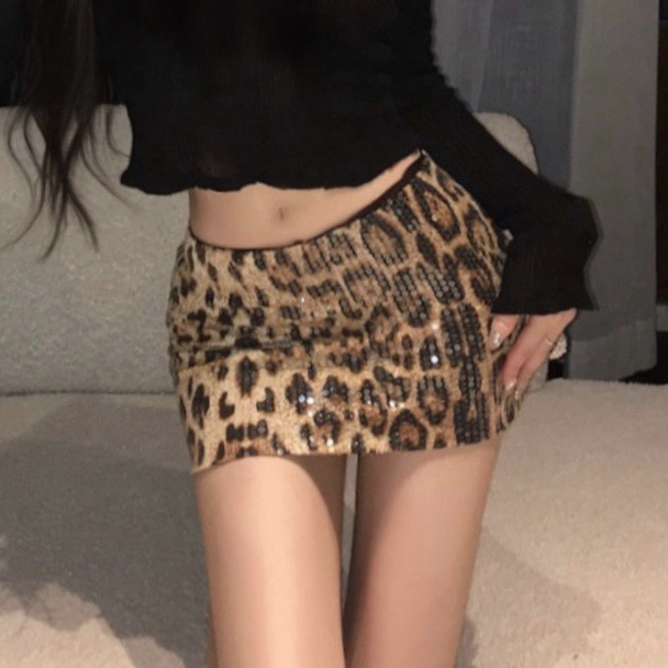 豹纹亮片辣妹包臀半身裙街头性感低腰显瘦短裙欧美高腰