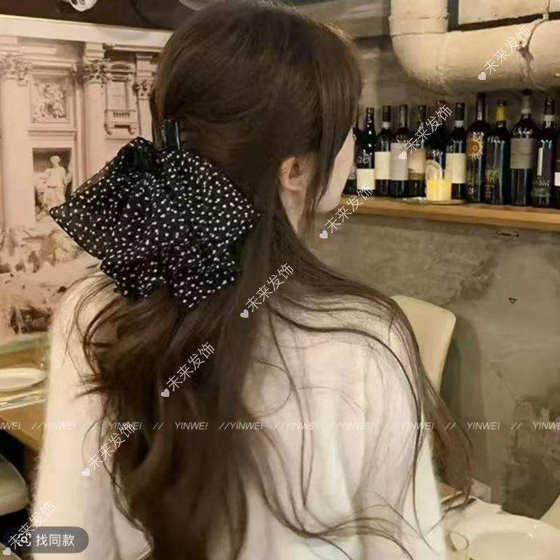 未来发饰新款法式复古波点蝴蝶结抓夹鲨鱼夹半扎发夹气质百搭韩系