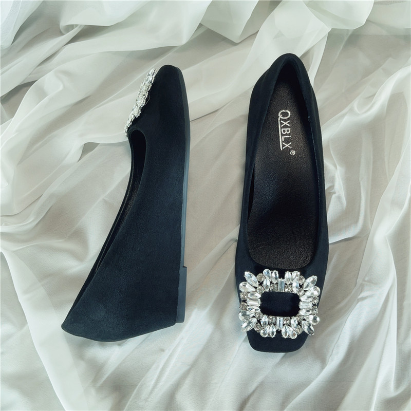 小个子内增高方扣水钻2025新款秋冬绒面方头软底不累脚加绒单鞋女