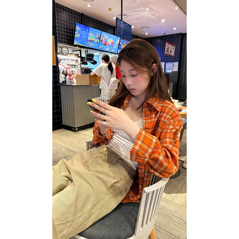 女生韩系ins衣服早秋宽松百搭防晒格子长袖衬衫背心吊带阔腿裤子