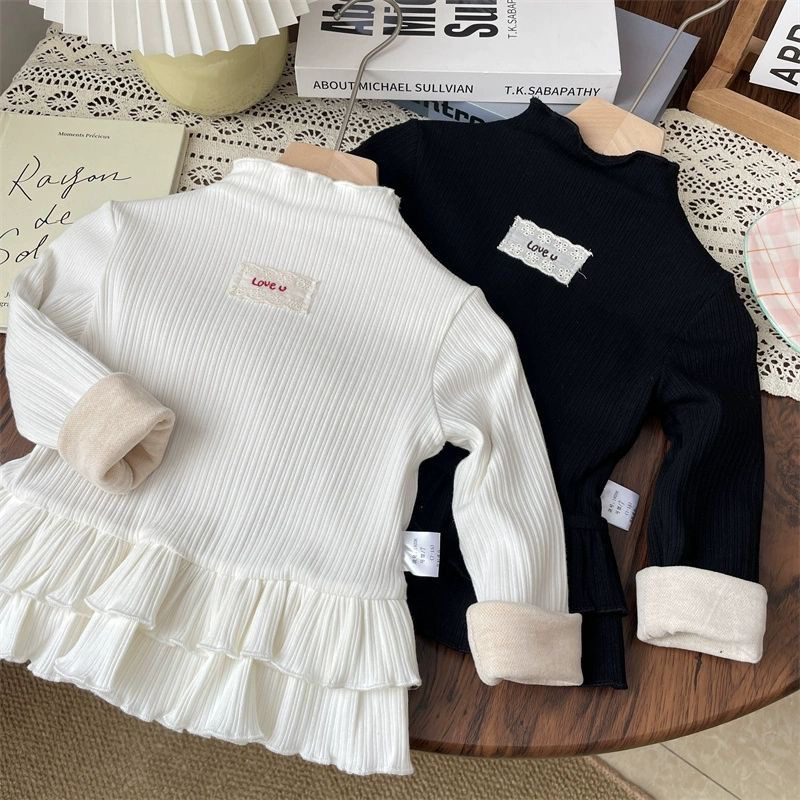 秋冬女宝坑条蕾丝贴布裙式中长款加绒加厚打底衫女童儿童保暖上衣