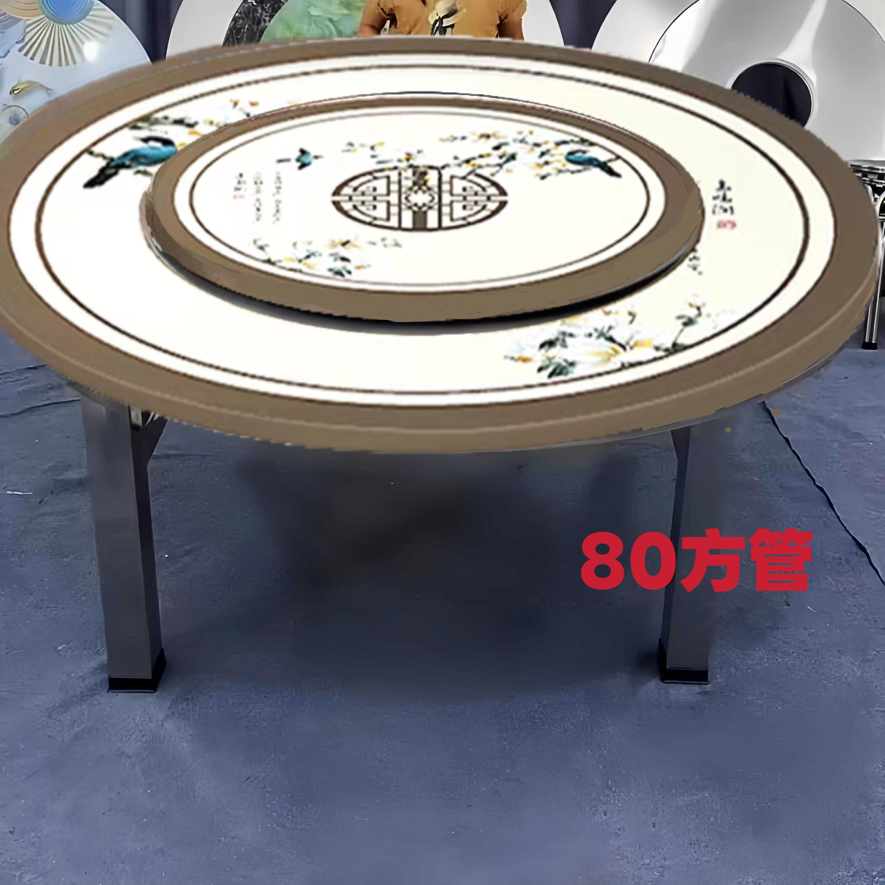 特大特粗80方管桌腿不锈钢外置全彩图转盘连体圆形吃饭桌饭桌子