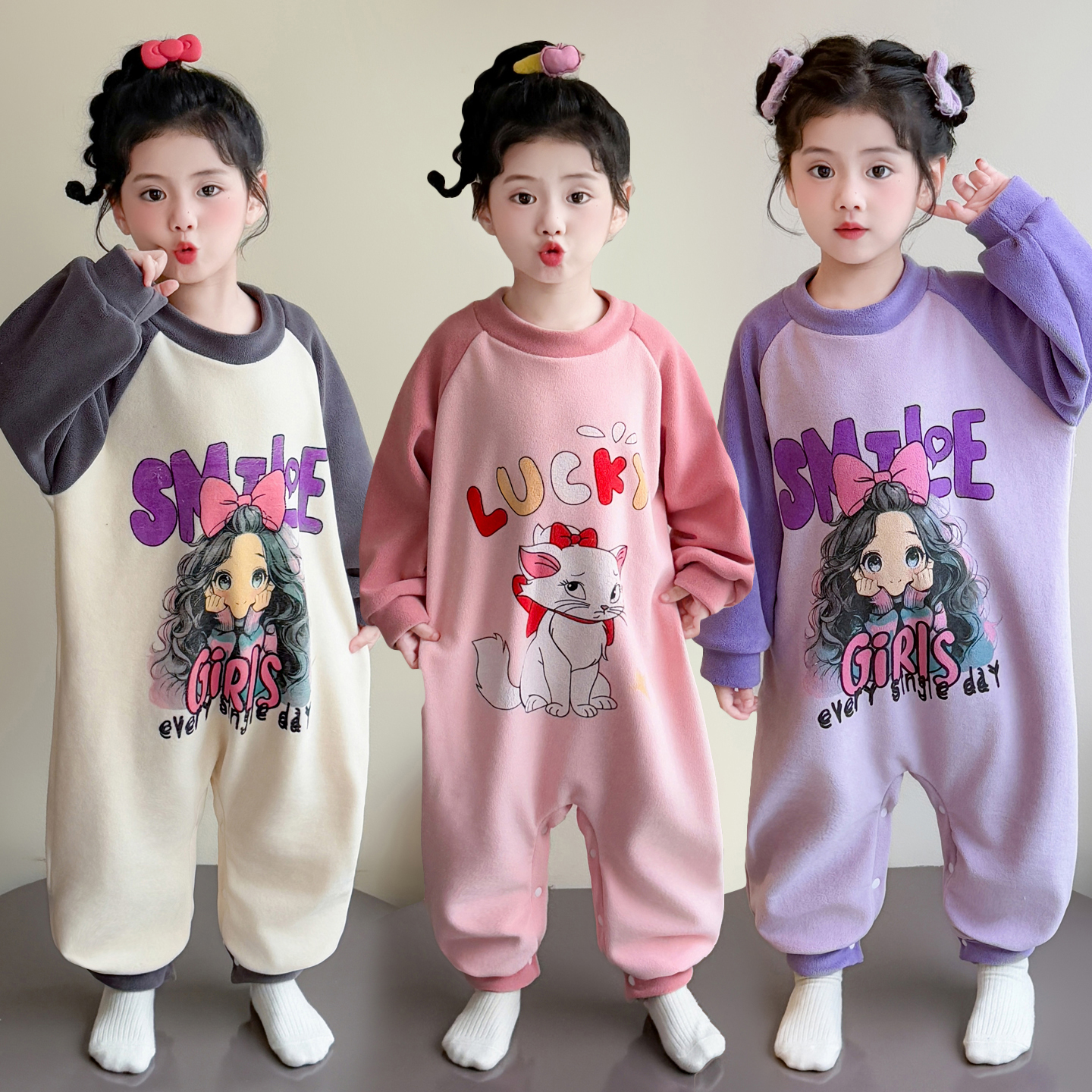 女童连体睡衣秋冬款奥粒绒儿童防着凉睡袋女宝宝法兰绒保暖家居服