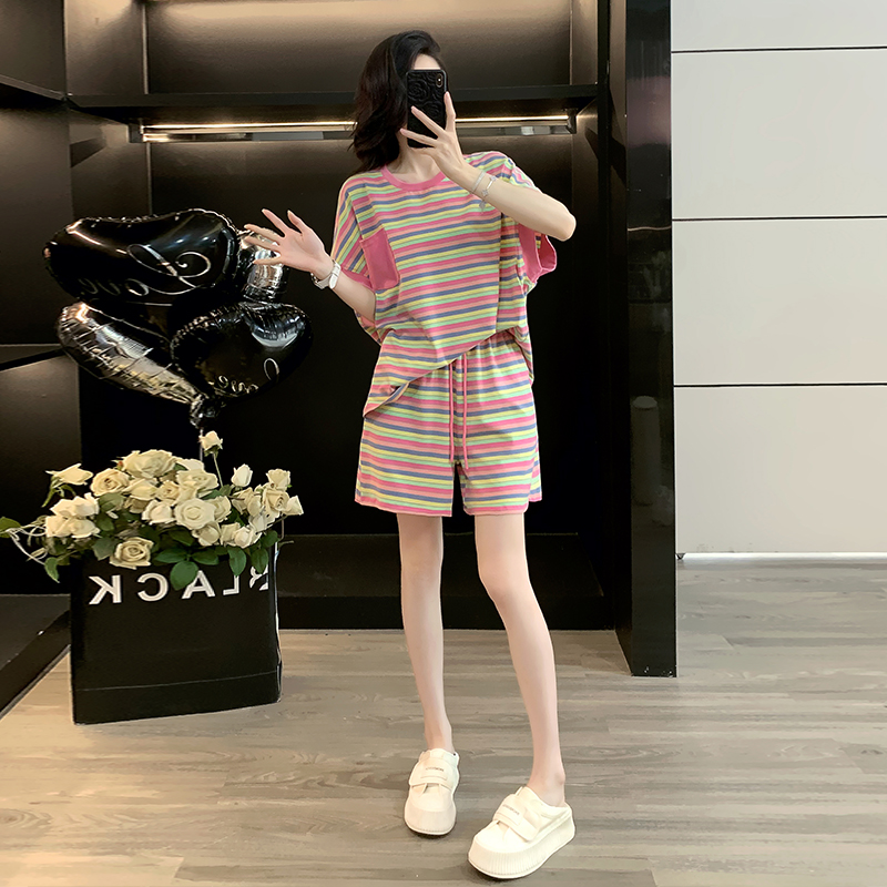 网红时尚运动套装女2025年夏季新款小个子短袖减龄休闲短裤两件套