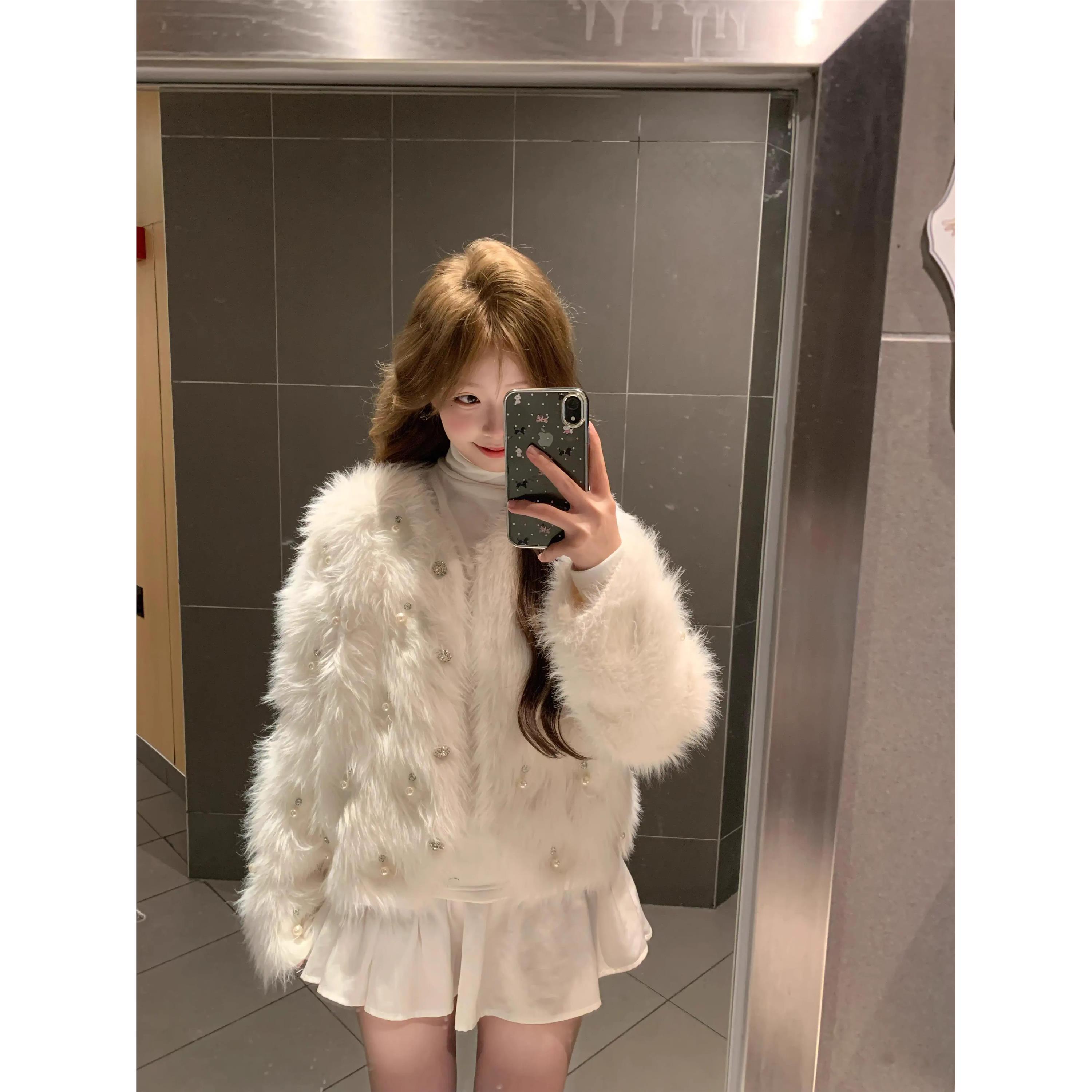 奶fufu白色小香风仿水貂绒毛衣开衫外套女秋冬季加厚毛毛环保皮草