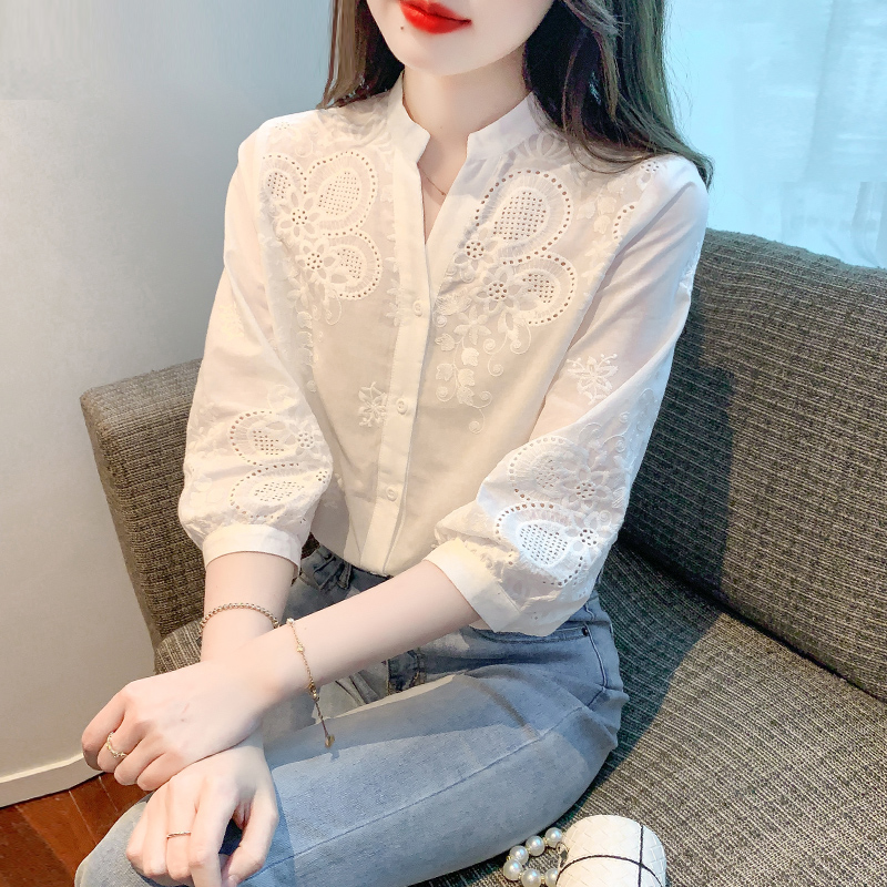 (棉)气质小个子白色七分袖衬衫女士2025夏季新款上衣时尚洋气减龄