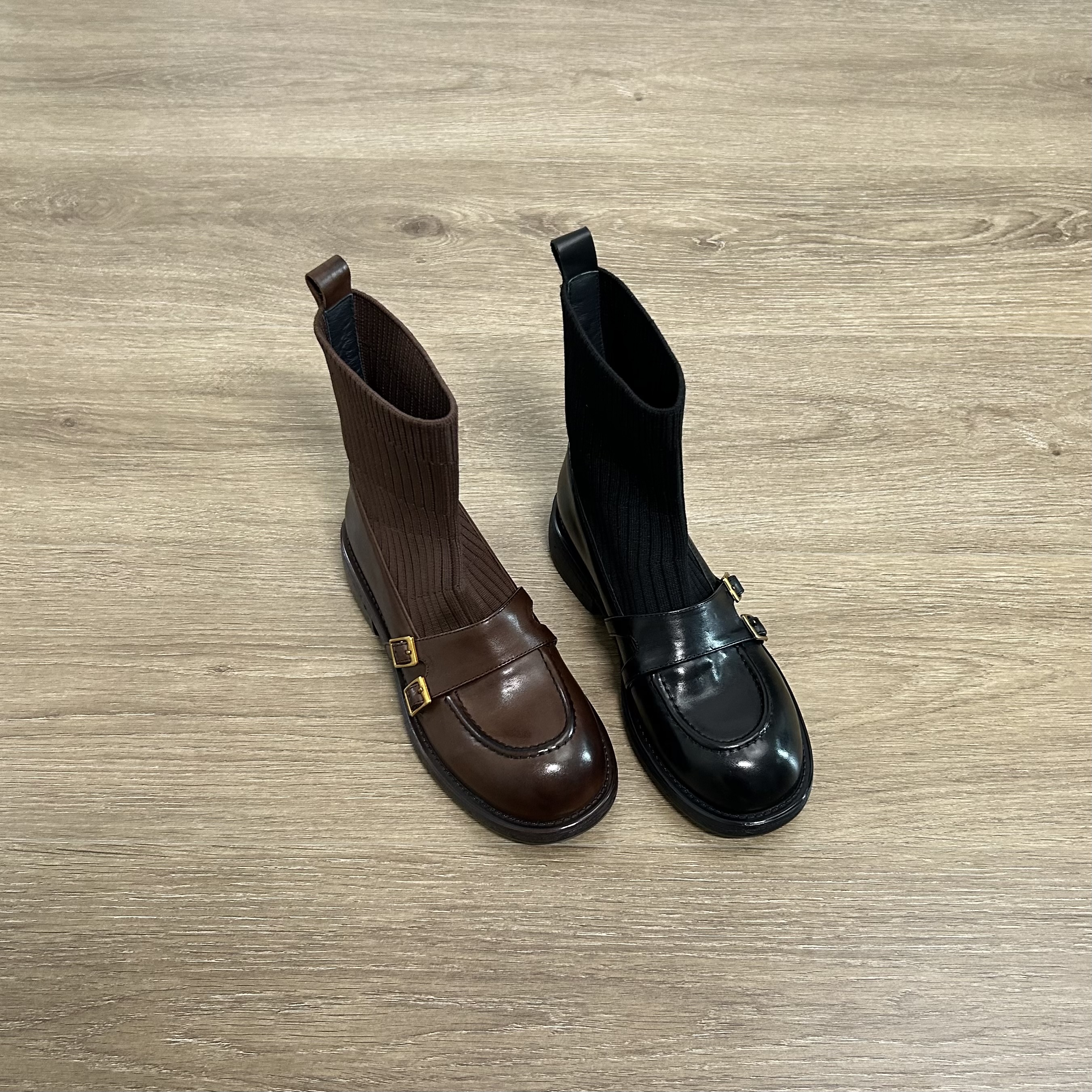 Dannyfrey秋冬新款弹力瘦瘦韩系皮带扣头层牛皮英伦女袜靴3.5CM