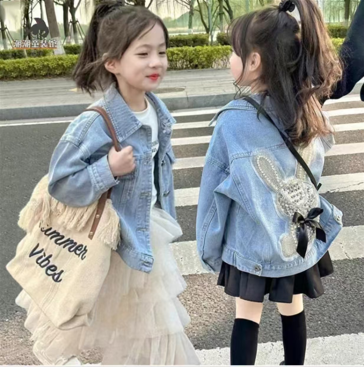 飞天小小猪春秋纯色女韩版牛仔外套女童秋装洋气女孩时髦网红时尚