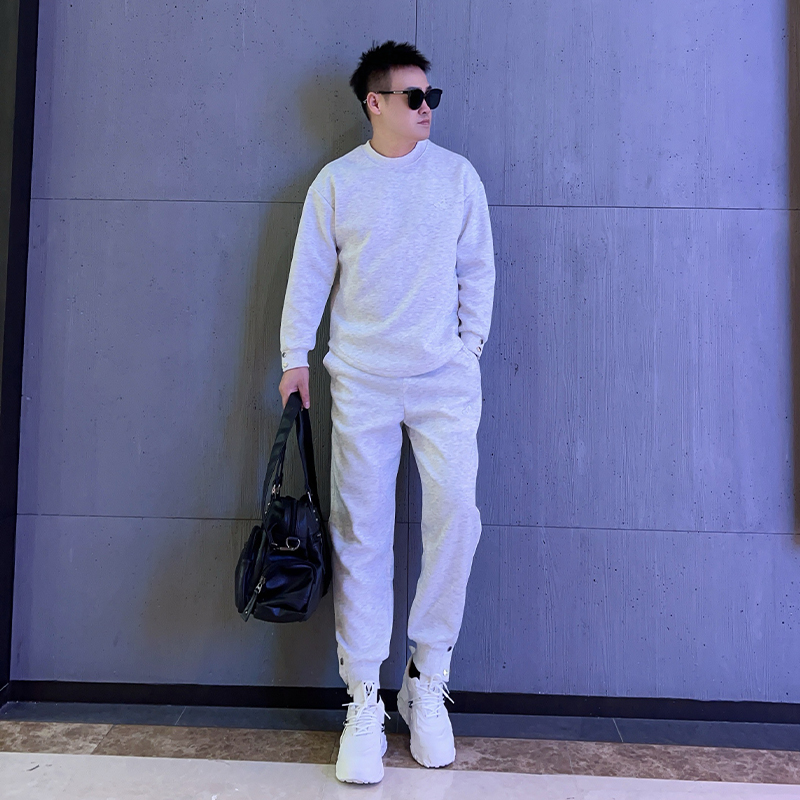 韩版休闲运动套装男士春季新款纯色简约圆领套头卫衣束脚裤两件套