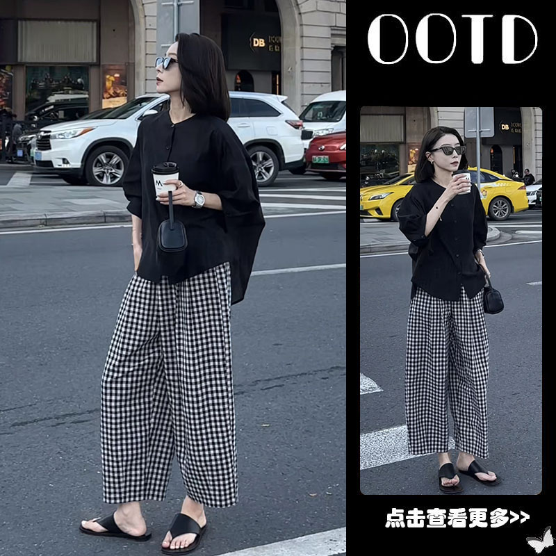 【现货】早秋穿搭一整套女2025新款韩版短袖衬衫格子阔腿裤两件套