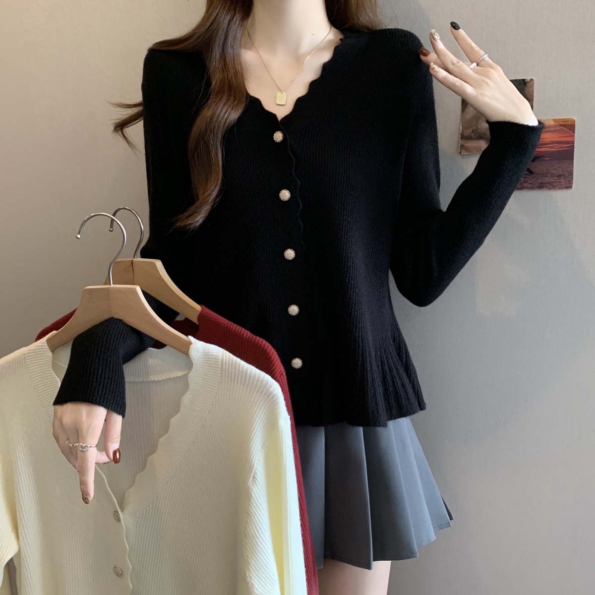 正肩设计感针织开衫毛衣女2025秋季新款微胖MM收腰显瘦遮肚子上衣