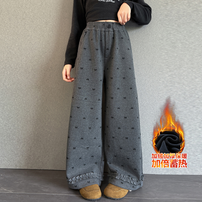 女童一体绒阔腿裤冬装新款5-13岁中大童宽松甜美加绒长裤蝴蝶结潮