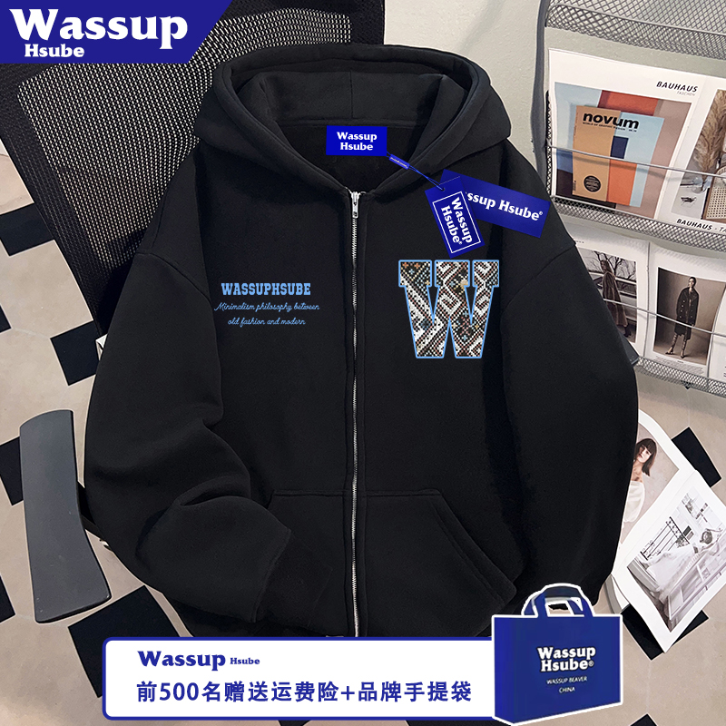 WASSUP HSUBE图案印花黑色卫衣拉链连帽外套秋冬男女新款加绒开衫
