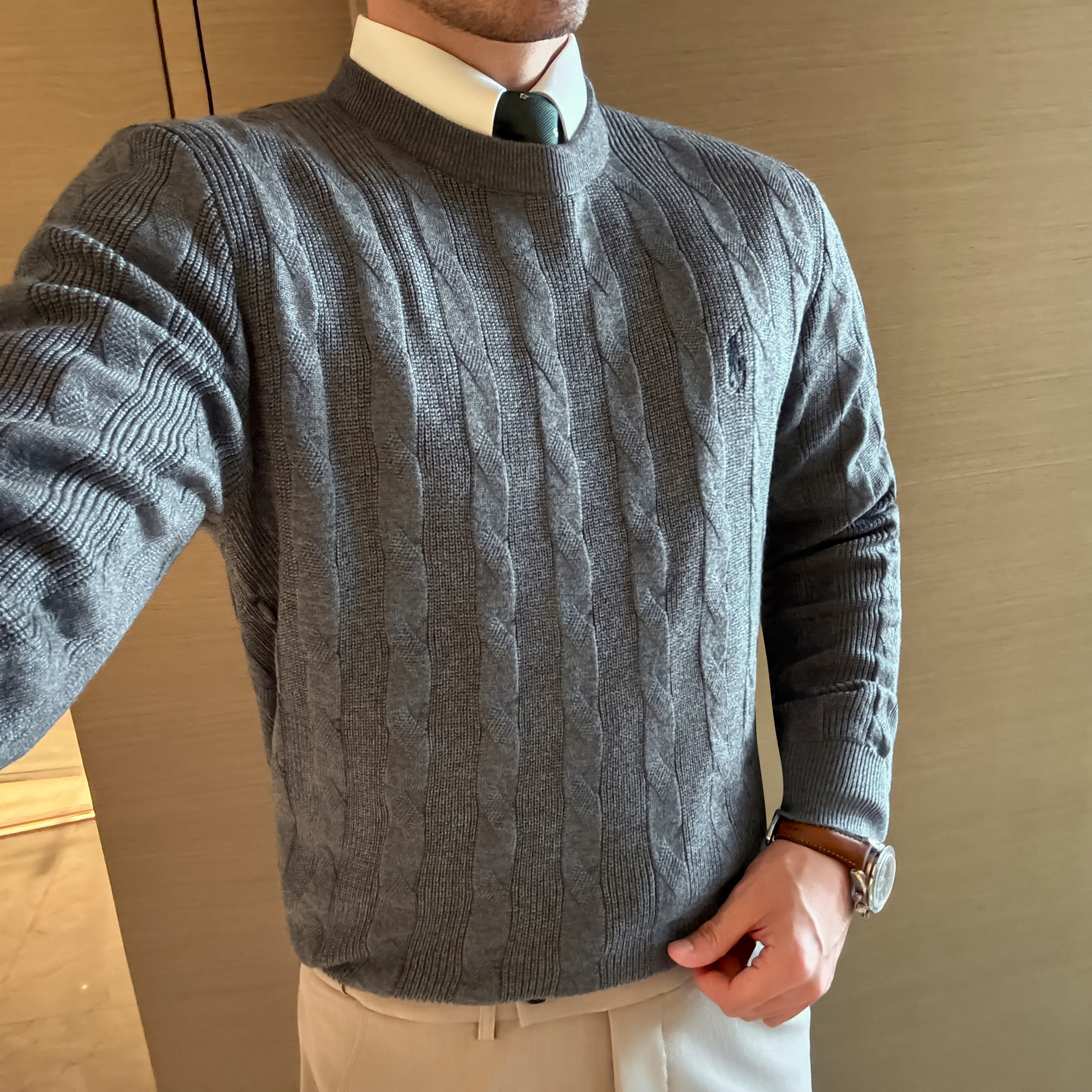 意式轻奢竖纹羊毛衫男圆领秋冬加厚保暖商务休闲型男刺绣针织上衣