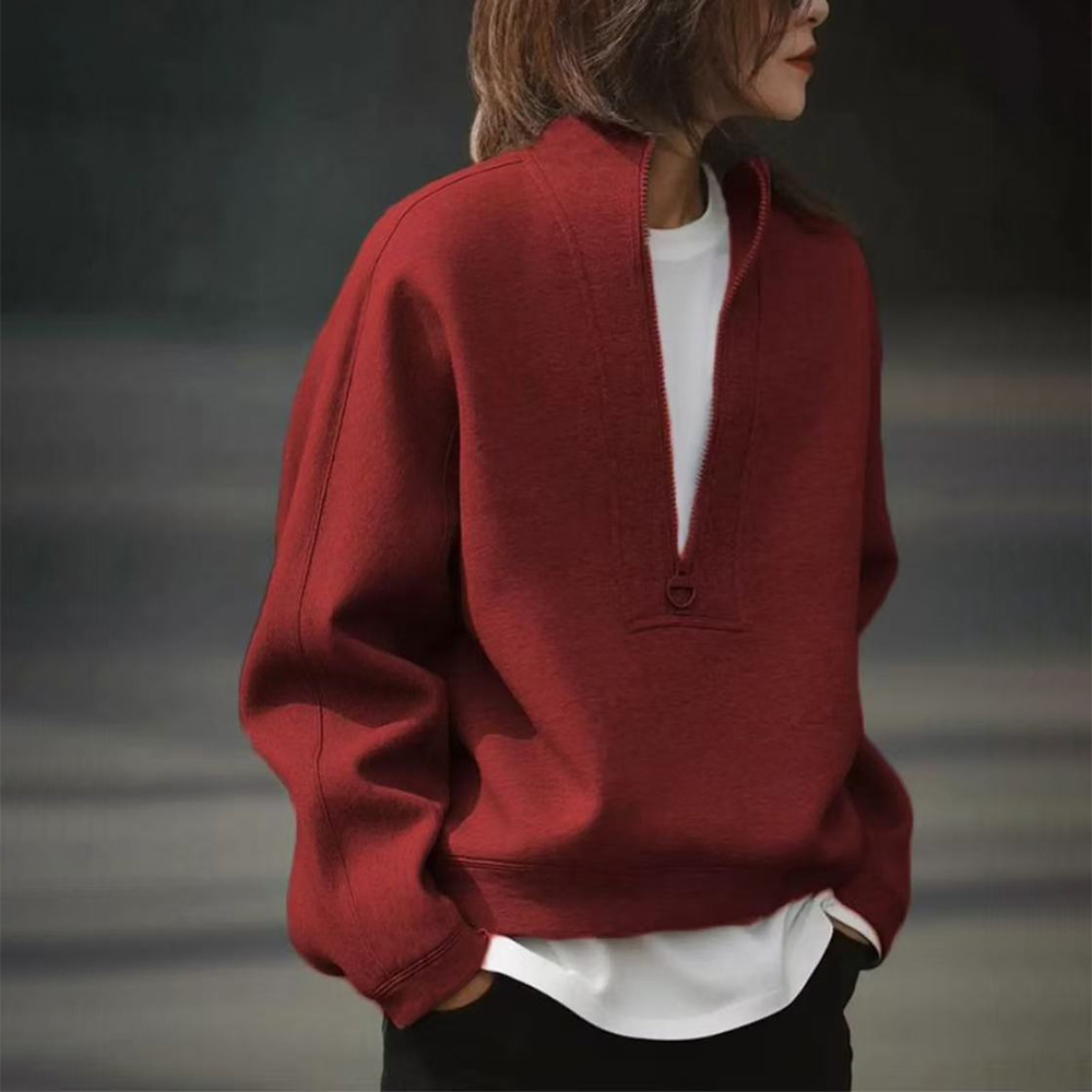 红色半拉链卫衣女士秋冬时尚高级感宽松显瘦减龄立领加绒加厚上衣