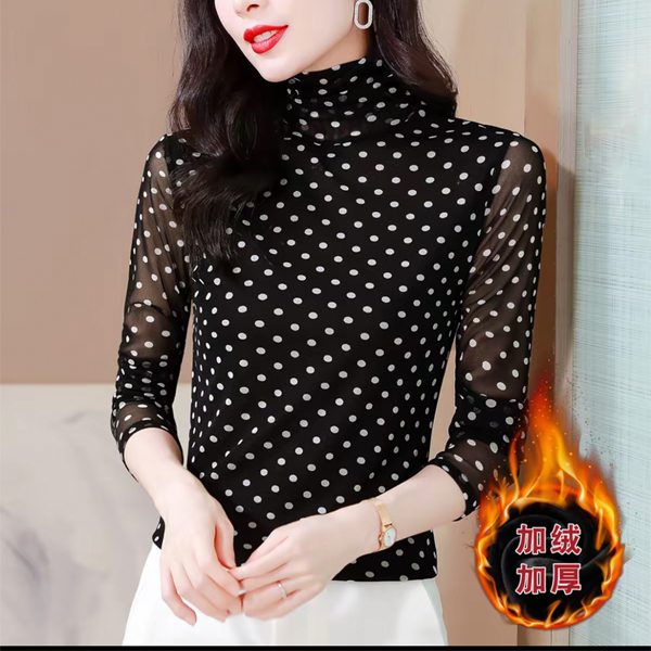 加绒长袖打底衫秋冬高领网纱波点保暖上衣印花高档洋气薄款小衫潮