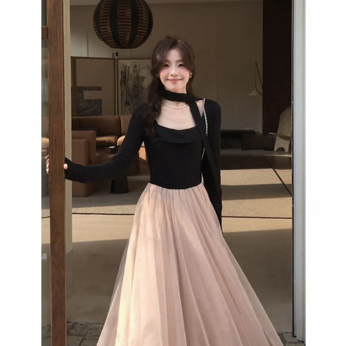 【干枯玫瑰】韩系高智感法式千金撞色拼接收腰长裙连衣裙2025新款秋