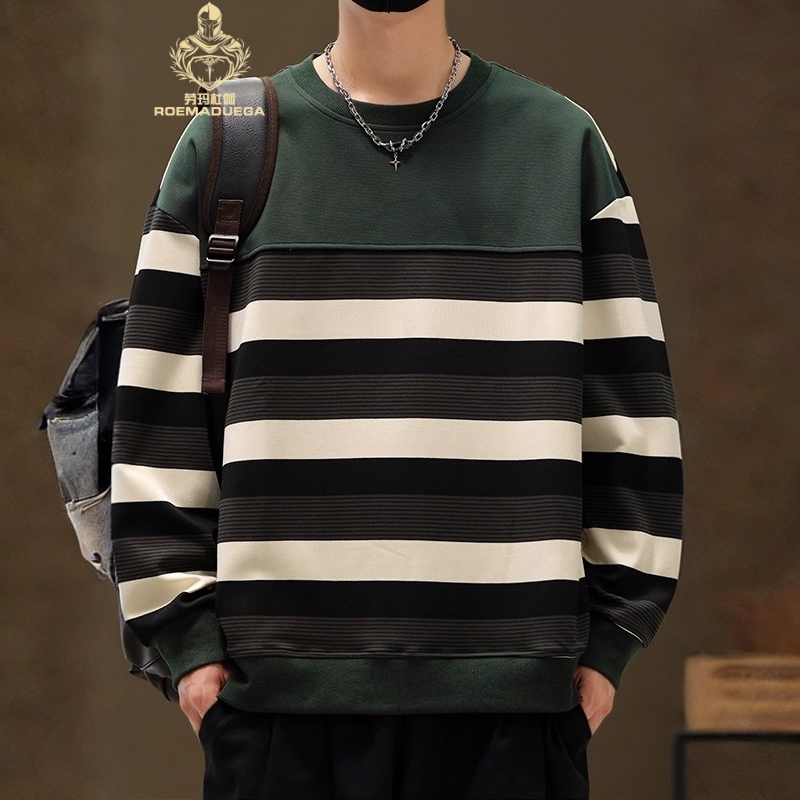 劳玛杜伽时尚潮流条纹圆领卫衣男款春秋季宽松休闲长袖套头打底衫