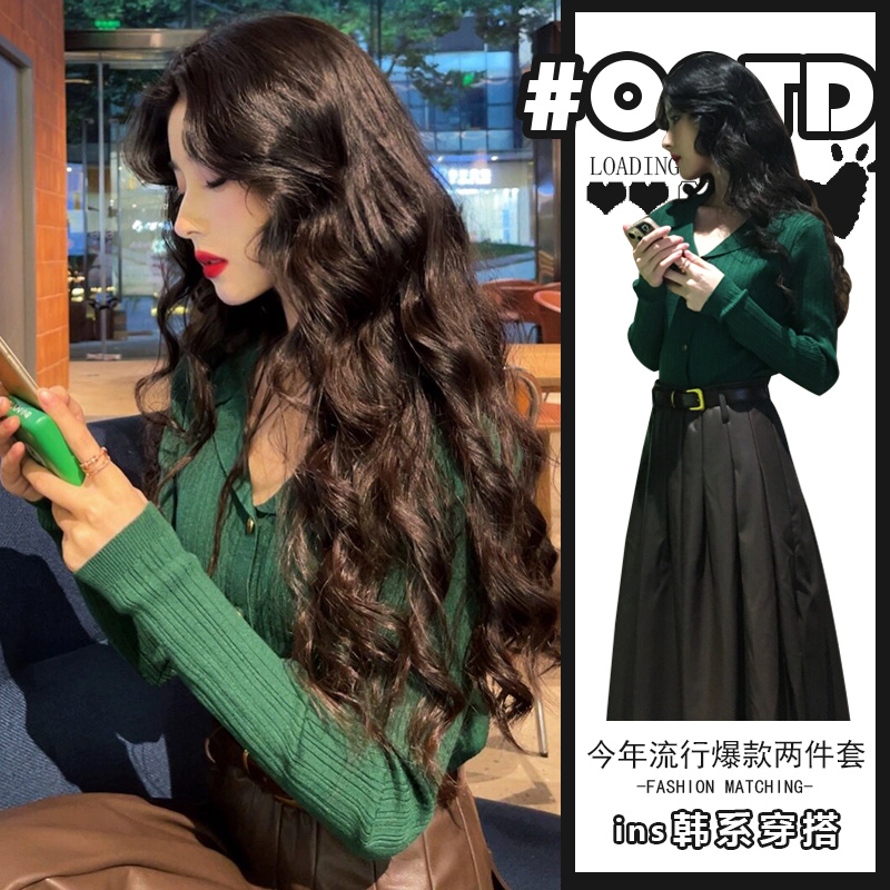秋季搭配一整套小香风复古套装女绿色针织毛衣爆款皮裙子两件套潮