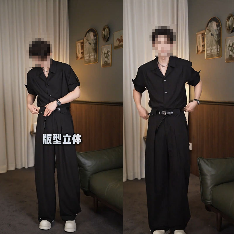龙刀刀夏季新款潮流简约感短袖复古宽松衬衫阔腿垂感长裤休闲套装