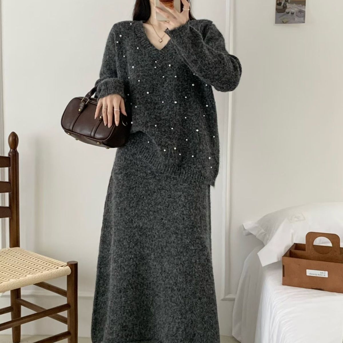 2025新款立体钉珠领针织套装毛衣裙两件套