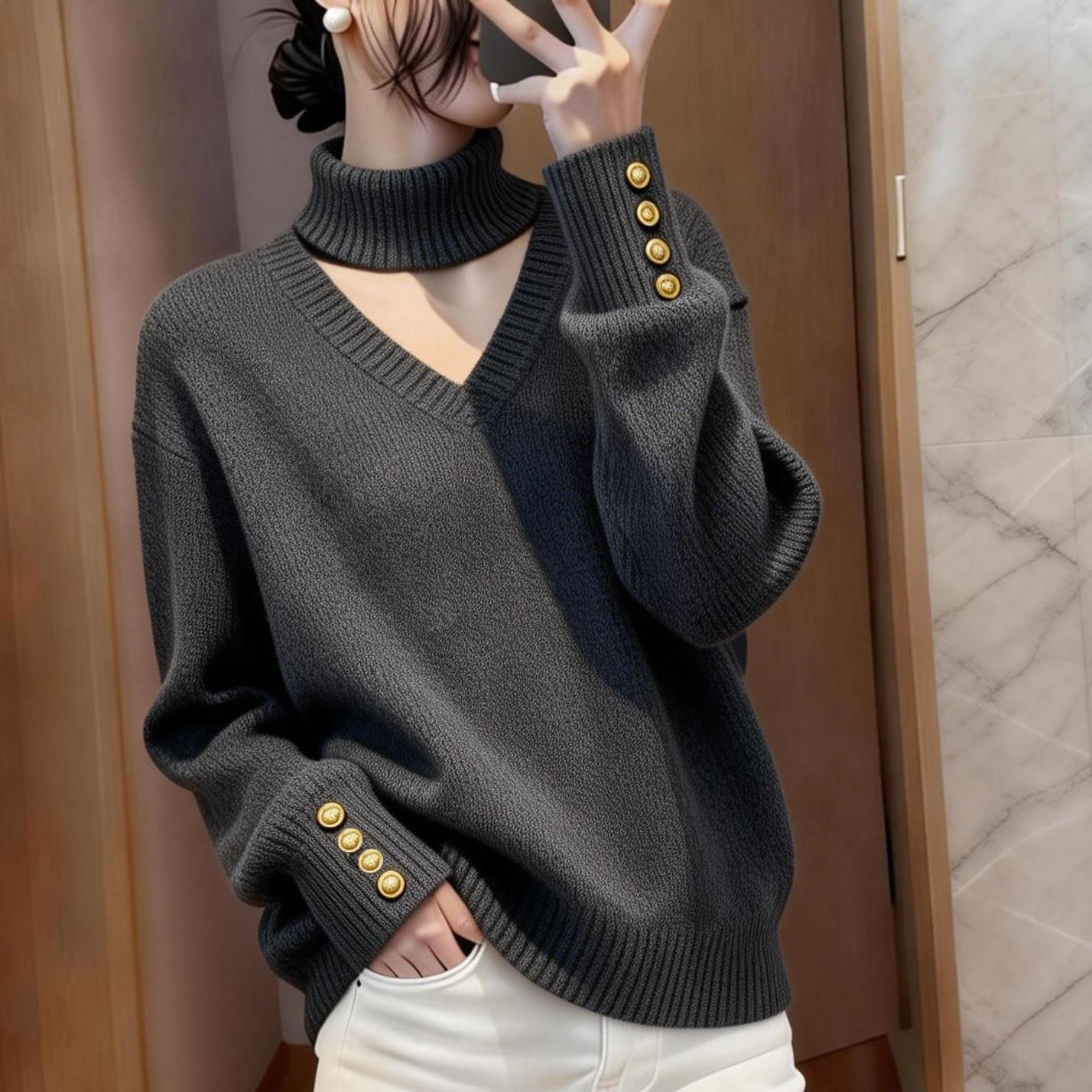 设计感挂脖V领灰色毛衣冬季女新款慵懒高级感加厚针织衫A12121