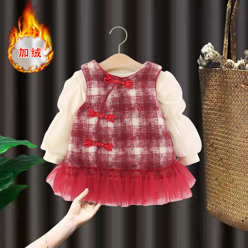 女童加绒连衣裙冬装洋气宝宝周岁礼服中国风背心裙婴儿过年拜年服
