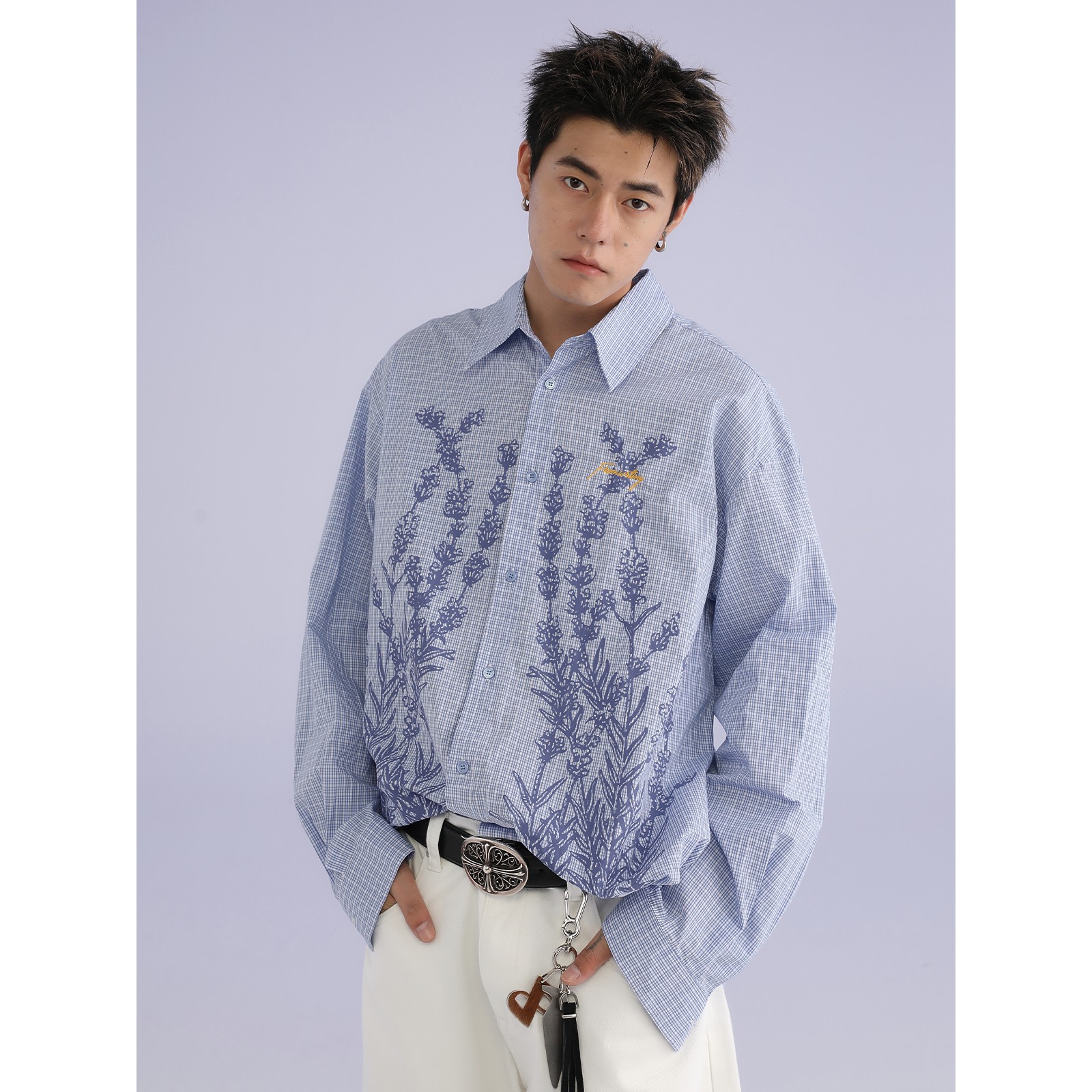 FROM WRTING字由蓝色花卉印花长袖衬衫男女秋季时尚文艺格子衬衣