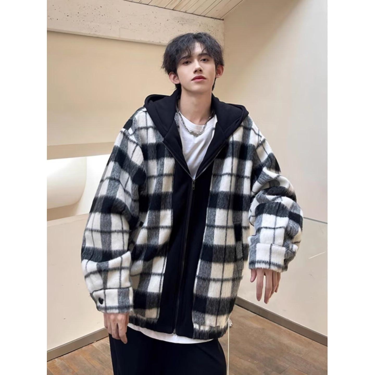 小香风黑白格子毛呢外套男女同款春秋假两件大衣韩版连帽夹克褂子