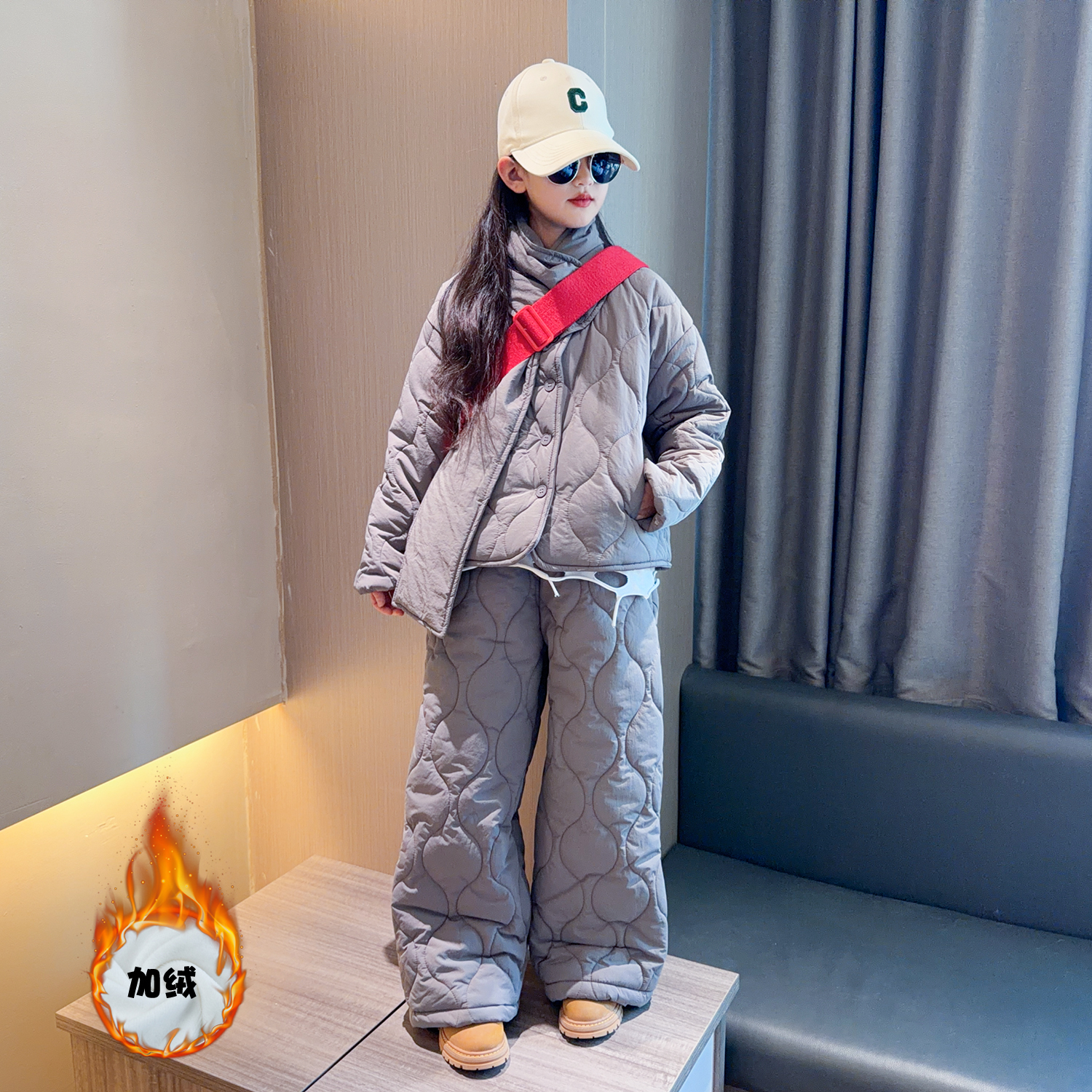 女童棉服套装冬季2025新款中大童韩范棉衣外套加绒阔腿裤两件套