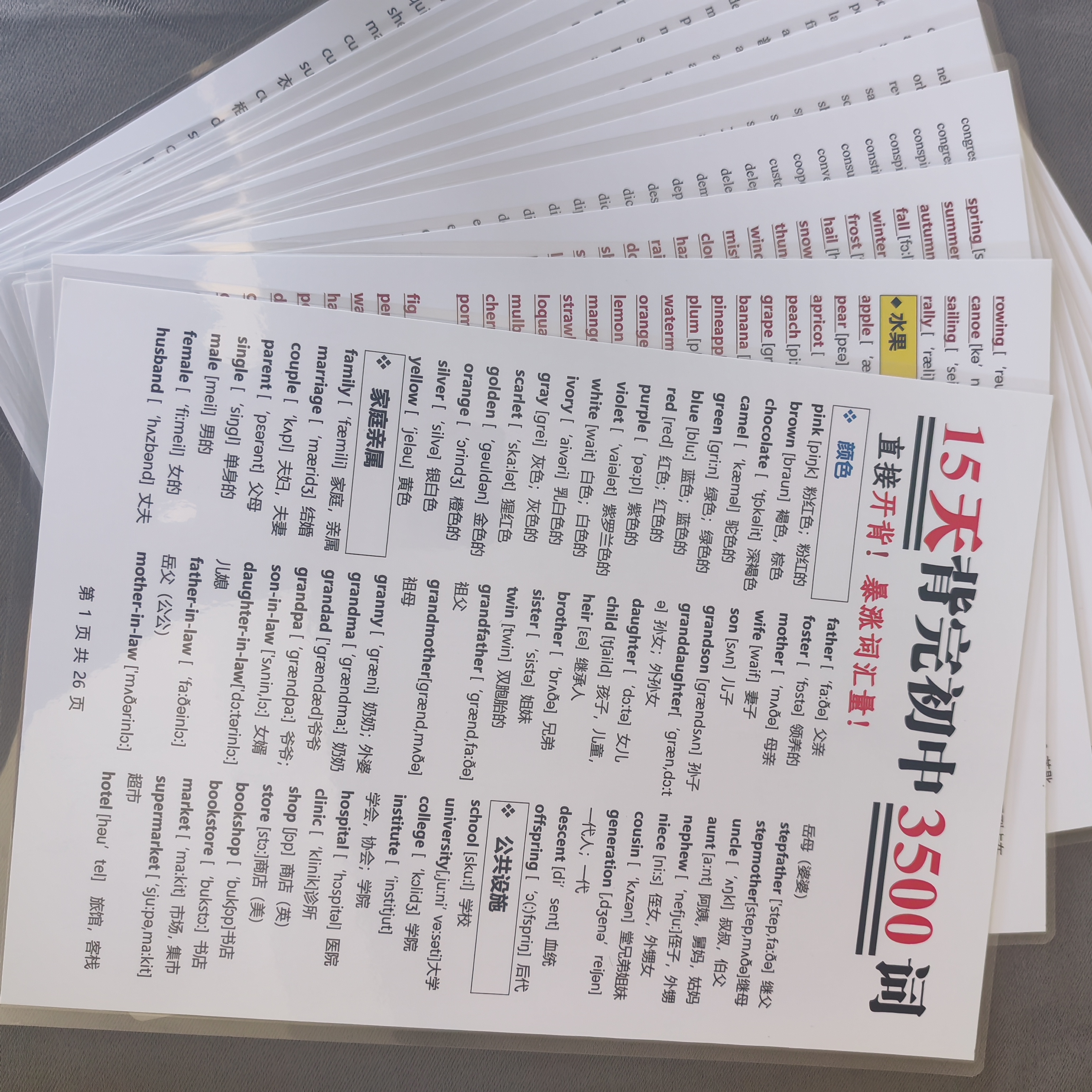 初中英语必背3500个词完整版A4塑封反复背诵单词表带音标速记训练