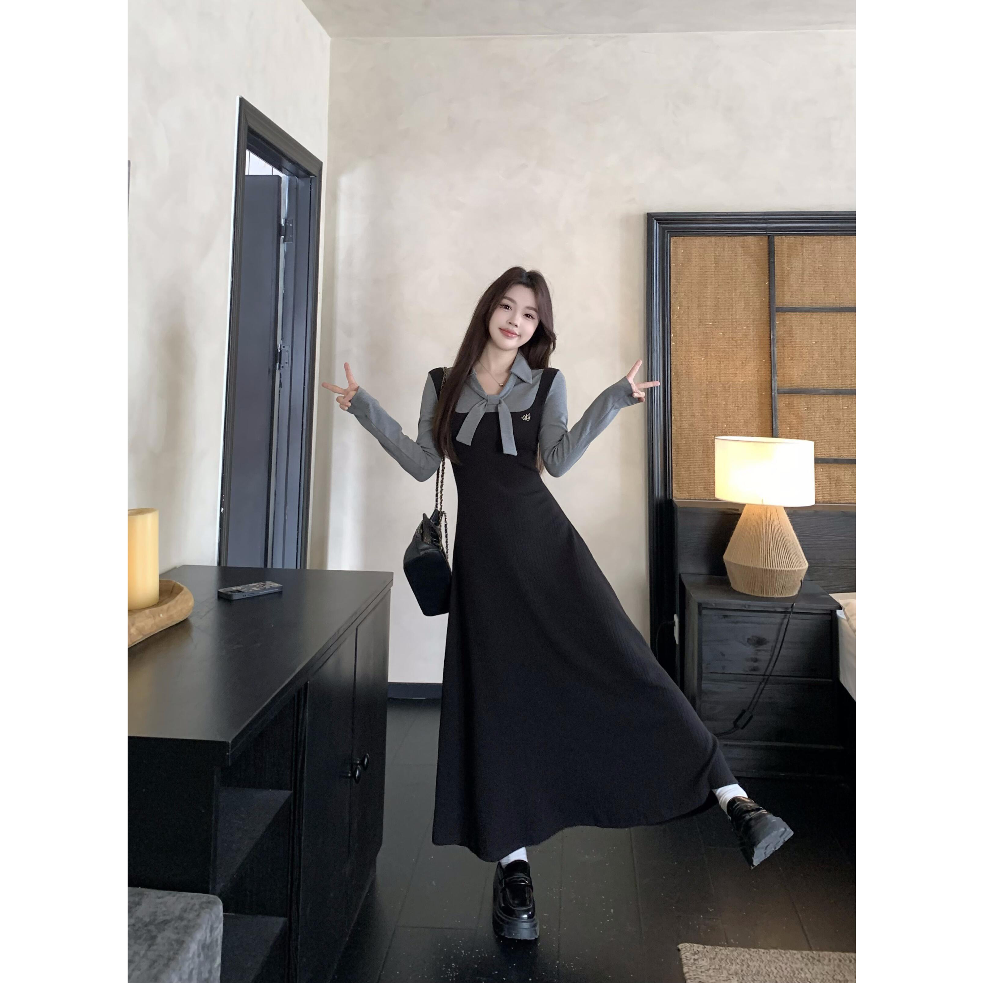 秋冬新款学院风连衣裙拼接假两件收腰显瘦打底内搭长裙大码连衣裙