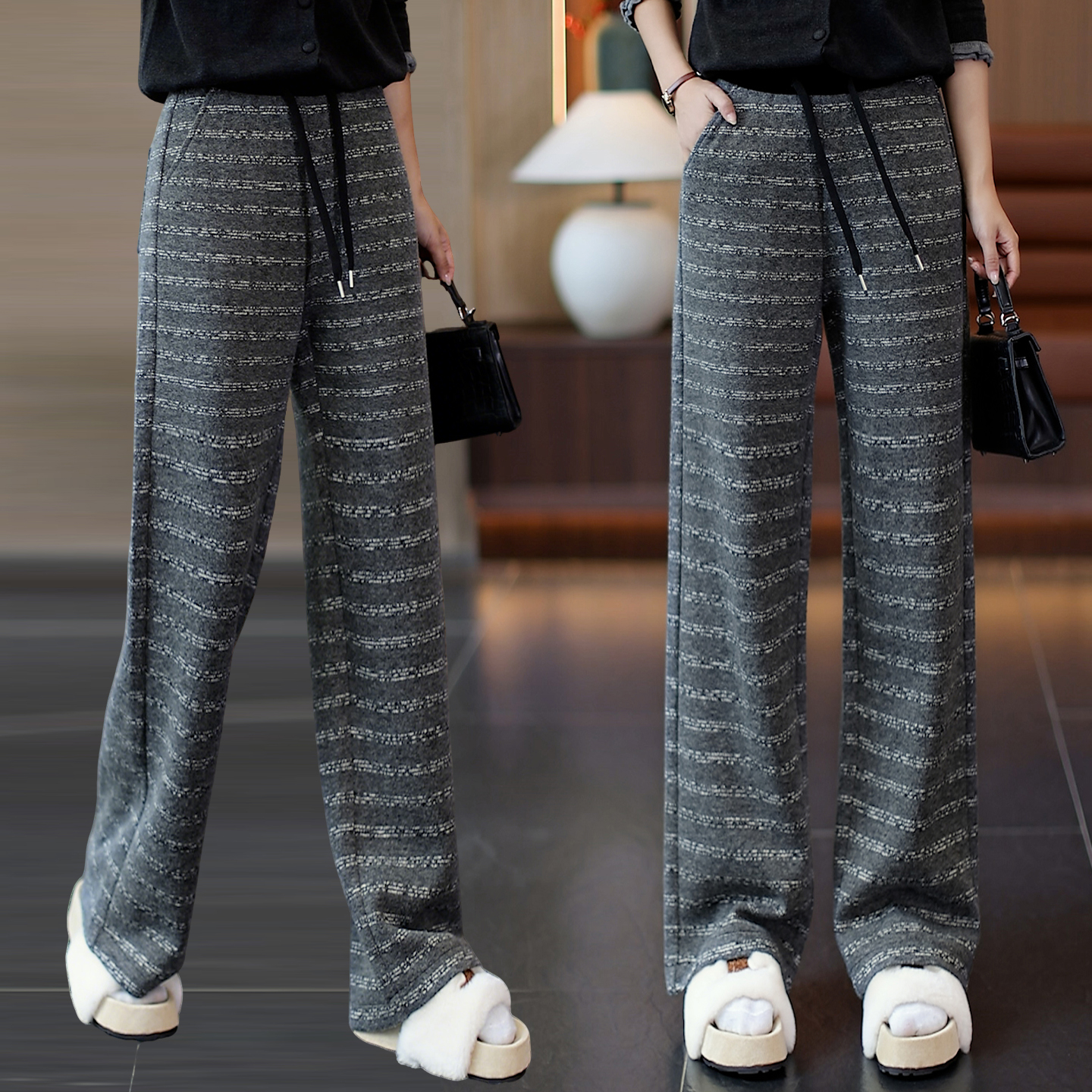 拉夏贝尔阔腿裤秋冬新款高腰显瘦垂顺舒适直筒裤宽松遮肉休闲裤