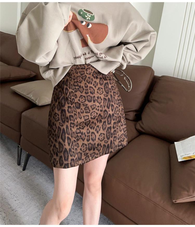 鹿皮绒辣妹豹纹高腰半身裙女秋冬高腰显瘦复古a字裙百搭包臀短裙