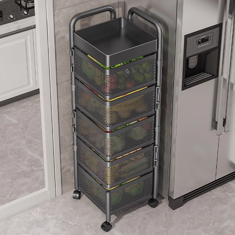 优勤厨房旋转置物架多功能落地果蔬菜篮子家用小推车多层收纳架子