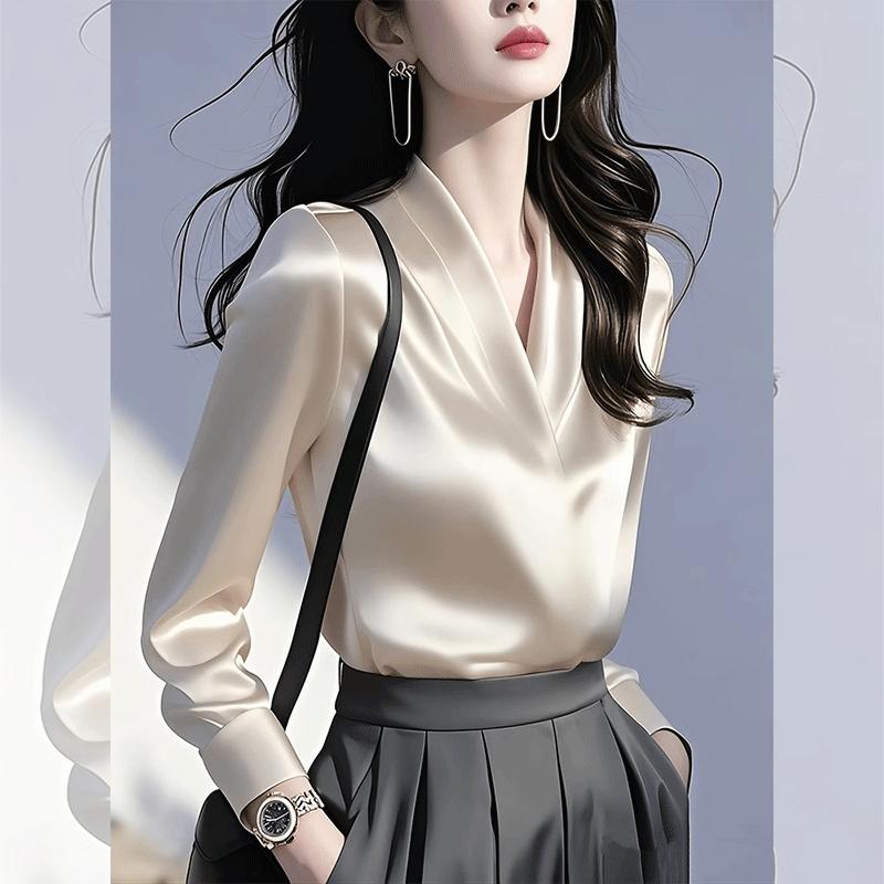 爆款法式轻奢气质感缎面衬衫女2025春季新款荡领衬衣小众设计显瘦