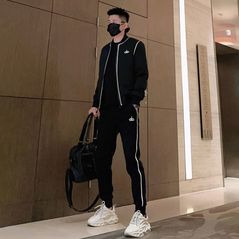 冬季轻奢保暖加棉外套束脚裤两件套男士时尚条纹重磅休闲运动套装