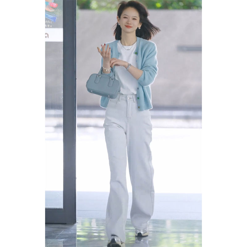 2025简约秋季气质短款长袖毛衣开衫高腰直筒休闲裤减龄两件套装女