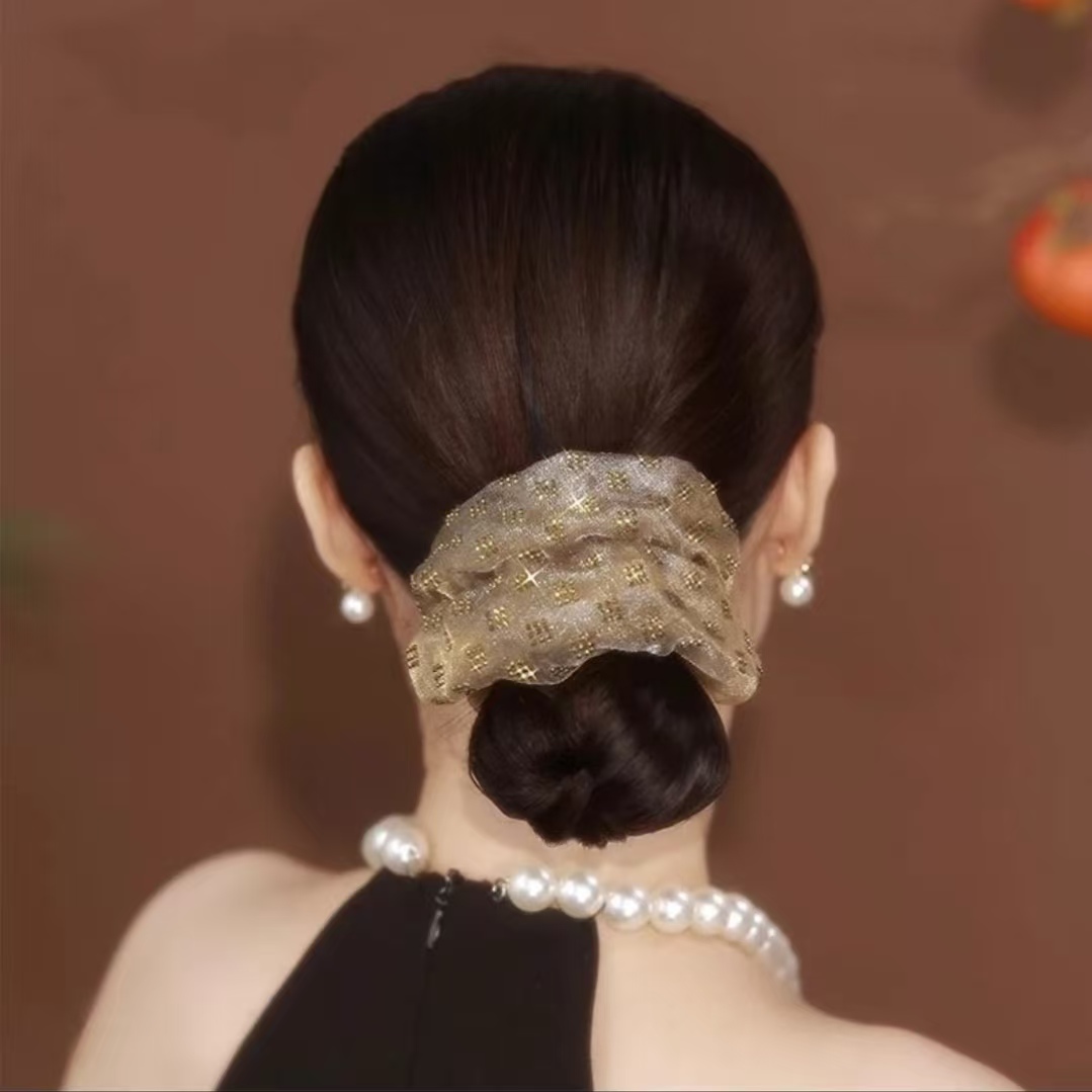 韩版手工格子烫钻高级感高马尾夏天丸子头纯色气质发圈女轻奢女