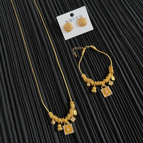 铜合金项链 如饰 古法流苏小锁三件套套装复古个性气质