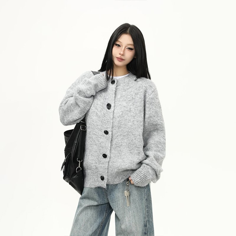 野生阿子美式复古灰色慵懒风高级感毛衣开衫女秋冬毛绒针织衫外套