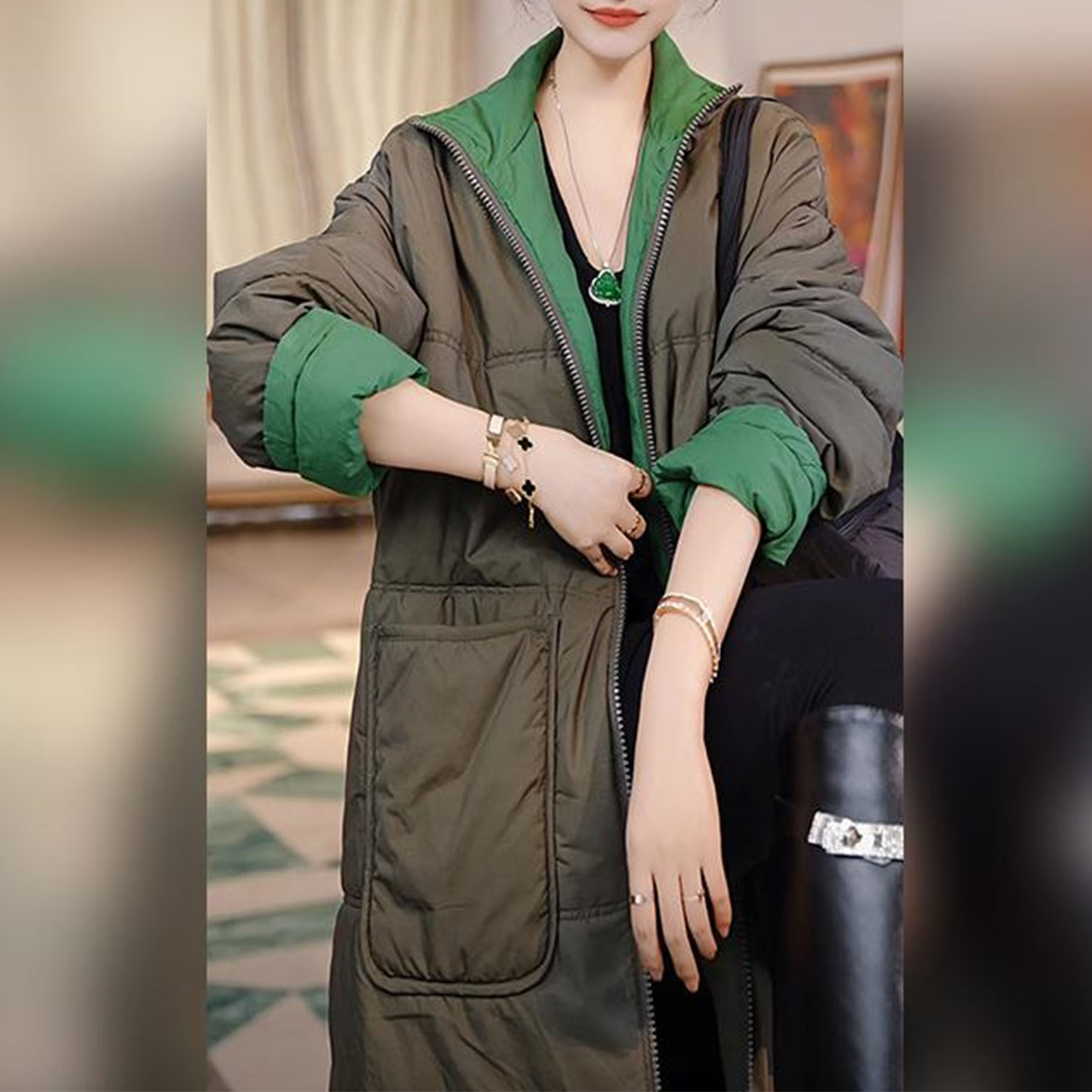 时尚休闲宽松显瘦加厚保暖棉衣2025秋冬季气质双面穿立领棉服外套