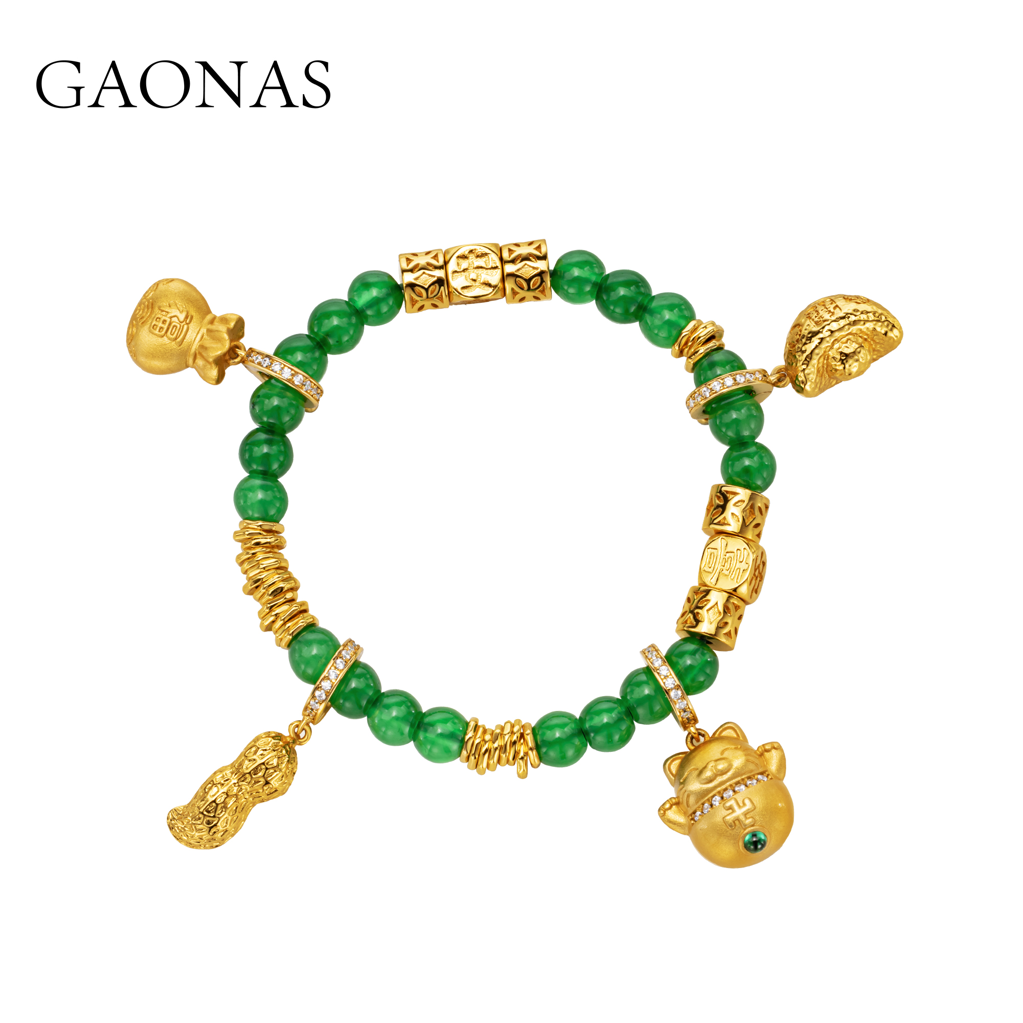 GAONAS 镀K金合成锆石手链 广纳福禄 时尚设计盘缠绿手链11371SG