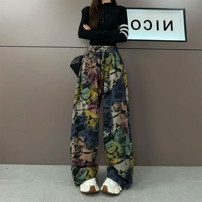 国潮风扎染渐变魔童哪吒印花阔腿直筒裤女春秋新款高腰显瘦休闲裤
