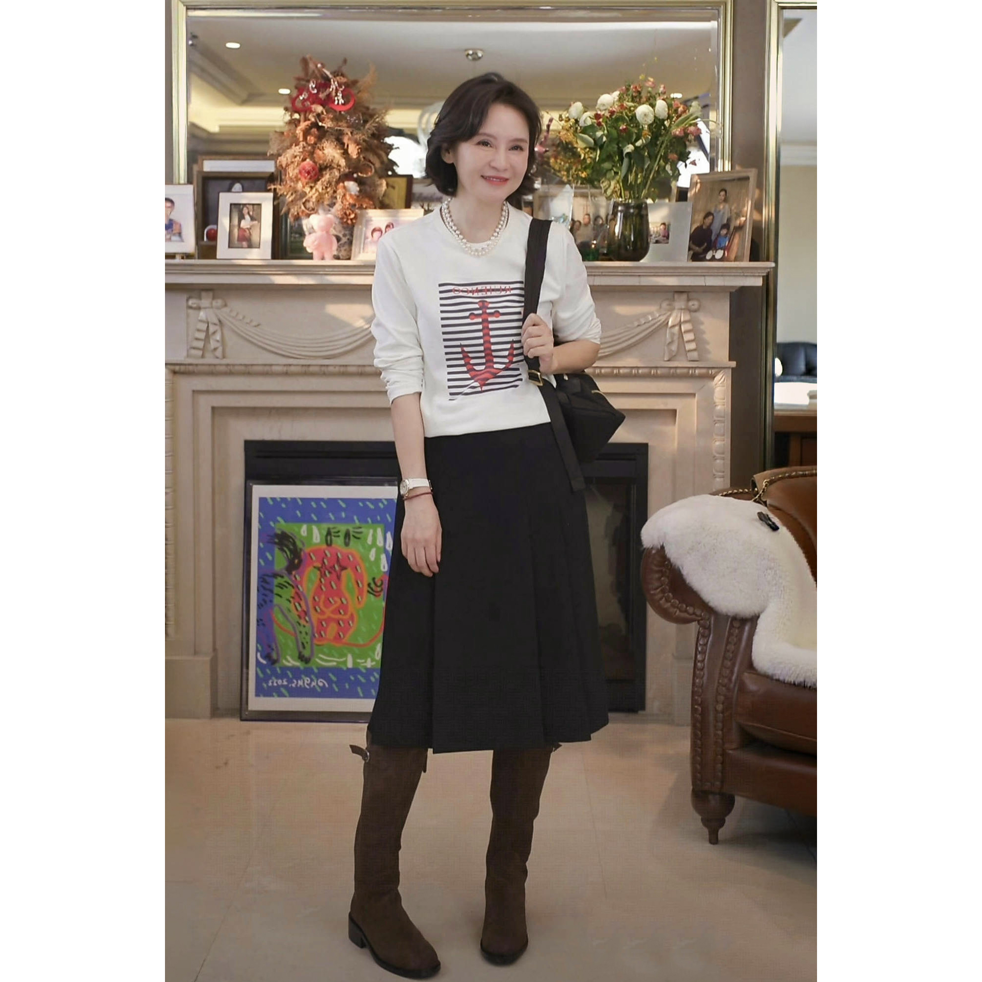 我是摩羯 海魂tee 高比例永迈棉条纹字母印花圆领秋长袖上衣