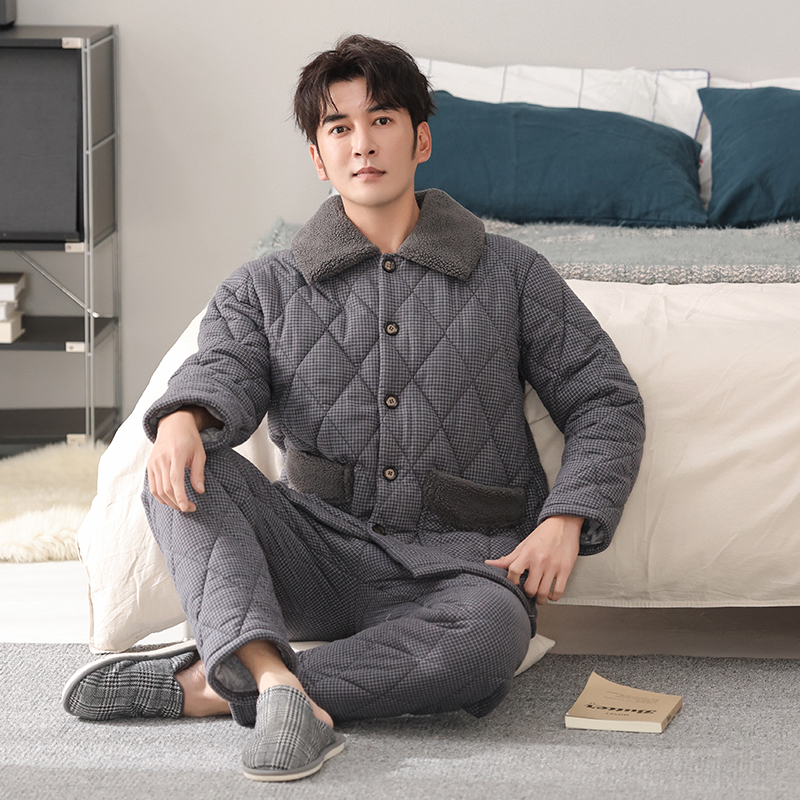 男士睡衣加绒加厚保暖三层夹棉家居服冬季长袖双面绒柔软亲肤套装