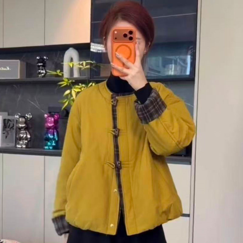 美式复古格子撞色拼接牛角扣棉服外套女2025秋冬圆领加厚棉衣上衣